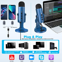 1 x RAW Customer Returns zealsound USB microphone, microphone mobile phone PC, condenser microphone with adapter for smartphone, laptop, PS4 PS5, with echo mute, for recording, ASRM, streaming, podcast, gaming, plug play, k66 blue - RRP €40.33