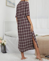 1 x RAW Customer Returns MINTLIMIT Women s Nightdress Cotton Nightwear Long V-Neck Sleepshirt with Pockets Checked, Brown, M - RRP €30.24