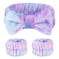 1 x Brand New Face Wash Set 1PCS Tie-Dye Bow Face Wash Headband 2PCS Wristbands, Flannel Women Washing and Makeup Absorbent and Non-slip Hair Bands for Women Girls Purple  - RRP €18.0