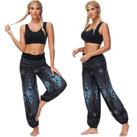 1 x RAW Customer Returns Nuofengkudu Unisex Women Baggy Hippie Harem Long Pants High Waist Boho Flower Print Thai Indian Bloomers Yoga Pants Casual Summer Beach Blue Black,XL  - RRP €24.98