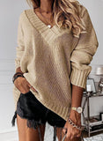 1 x Brand New Wenrine Women s Sweater Winter Long Sleeve V-Neck Knitted Sweater Sexy Loose Solid Color - RRP €35.28