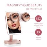 1 x RAW Customer Returns Fancii LED Lighted Makeup Mirror with 3 Adjustable Color Tones, 1x and 15x Magnification, Natural Light Cosmetic Mirror, Touch Screen, Dual Power Supply - Aura Pink  - RRP €35.99