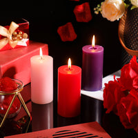 4 x Brand New Photect 3 Pack 10 x 5 cm Unscented Pillar Candles with Cotton Wick Set Drip-Free Long Burning Time Smokeless Wax Church Pillar Candles for Wedding Restaurants Home Spa, Red, Purple, Pink - RRP €81.6