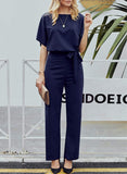 1 x RAW Customer Returns Dokotoo Women s Long Jumpsuit Short Sleeve Elegant Sexy Jumpsuit O-Neck Bodysuit Sexy Backless Pants with Belt Blue L - RRP €49.99