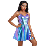 1 x RAW Customer Returns Women s Shiny Metallic Mini Dress A Line Sleeveless Holographic Pleated Dress Disco Night Club Dance Party Dress Halloween Carnival Alien Costume Space Girls Rave Outfit Blue L - RRP €27.83