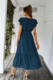 1 x RAW Customer Returns Awemeal Dress Women Summer Elegant V-Neck Short Sleeve Long Summer Dress Boho Floral Dress with Belt Ruffle Hem Wrap Dress Beach Dress A Line Flowing Maxi Dress XL, Lake Blue  - RRP €39.99