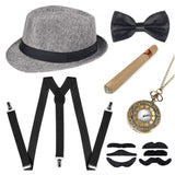 1 x RAW Customer Returns YeahBoom Men s 20s Mafia Costume Set, Gatsby Costume Set, Includes Adjustable Elastic Panama Hat, Men s Suspenders, Bow Tie and Vintage Pocket Watch - RRP €15.73