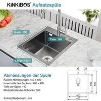 1 x RAW Customer Returns KINKIBOS sink 304 stainless steel 45 x 50 cm, kitchen sink black, built-in sink with tap hole and overflow without siphon , kitchen sink 1 bowl square, kitchen sink for 50 cm base cabinet - RRP €110.92