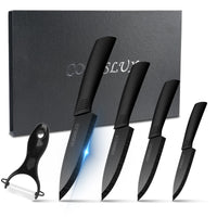 1 x RAW Customer Returns CORESLUX ceramic knife set, 4 ceramic kitchen knives set with 1 peeler, non-stick coating, sharp, chef s knife, ceramic knife set for cutting fruit, vegetables, meat black  - RRP €23.99