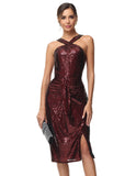 1 x Brand New Belle Poque women s sequin dress halter neck glitter sheath dress bodycon festive evening dress sleeveless party dress wedding wine red XL - RRP €37.45