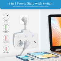 1 x RAW Customer Returns 2-way power strip individually switchable, double plug for socket with 3 USB-A and 1 USB-C connection, 6 in 1 multiple socket with 3 switches, short cable socket adapter for home, office - RRP €20.16