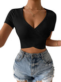 1 x RAW Customer Returns GORGLITTER Crop Shirt Women s Short Sleeve Crop Top Crop Top with Neckline Top with Cross Strap V Neck Summer Tops Black S - RRP €24.19