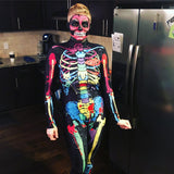 1 x RAW Customer Returns IDGREATIM Womens Halloween Catsuit 3D Colorful Skeleton Print Zipper Back Halloween Cosplay Costumes Long Sleeve Skinny Catsuit Full Bodysuit M - RRP €21.73