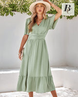 1 x RAW Customer Returns BebreezChic Summer Dress Women Long Boho Elegant Short Sleeve V-Neck High Waist Swiss Dot Ruched Floral Beach Dress Maxi Dress, Light Green L - RRP €49.99