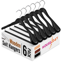 1 x RAW Customer Returns HOUSE DAY 6 Pack Wooden Suit Hangers - Clothes Hangers with Extra Wide Shoulders, Non-Slip Suit Hangers, 360 Rotating Hook Jacket Hanger with Round Bar, for Shirts Coats Jackets Trousers Suits Black  - RRP €29.12