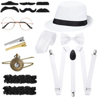 1 x RAW Customer Returns 1920s Men s Costume Accessory Set Roaring Retro Gangster Costume, Hat, Bow Tie, Tie, Pocket Watch, Suspenders, Glasses, Beard, Sleeve Holder, Tie Clips Simple Style, White  - RRP €21.42