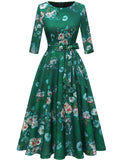 1 x RAW Customer Returns DRESSTELLS women s elegant cocktail dress long sleeve festive party dress mother of the bride dress vintage retro dress round neck 3 4 sleeve cocktail dress with belt Green Flower M - RRP €36.99