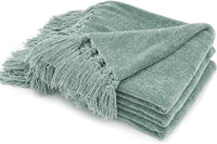 1 x RAW Customer Returns RECYCO living and cuddly blanket chenille 127x152 with fringes, tassels sage green Christmas blanket sofa blanket couch blanket fluffy soft for sofa couch chair, mint green - RRP €28.45