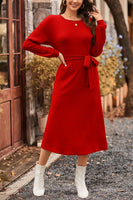 1 x RAW Customer Returns STYLEWORD Knitted Dress Women s Long Sleeve Round Neck Dress Elegant Pullover Dress Autumn Winter Dress with Belt Red, XX-Large  - RRP €31.0