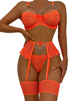 1 x RAW Customer Returns Aranmei Women s Lingerie Set with Thigh Cuffs, Sexy Underwear, Women s Lingerie Set, 4 Piece Set with Garter Belt, Orange, S - RRP €22.22