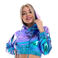 1 x RAW Customer Returns IMEKIS Women s Shiny Metallic Long Sleeve Hooded Sweatshirts Crop Top Wetlook Casual Pullover with Drawstring Holographic Hip Hop Nightclub Performance Dancewear Laser Blue S - RRP €28.38