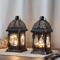 1 x RAW Customer Returns TRIROCKS 2 Pack Hanging Candle Lantern 28cm High Metal Small Lantern Decorative Candle Holder with Glass for Home Garden Living Room Party Table Indoor Outdoor Black with Gold Coatings  - RRP €30.44