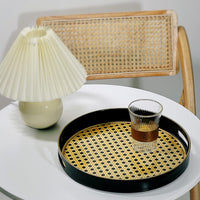 1 x RAW Customer Returns Zosenley Round Decorative Tray, Marbling Plastic Tray with Handles, Modern Vanity Tray and Serving Tray for Ottoman, Coffee Table, Kitchen and Bathroom, Size 33cm Wicker Weave  - RRP €31.27