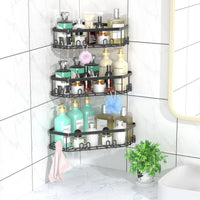 1 x RAW Customer Returns STEUGO Corner Shower Shelf, Shower Organizer, Corner Shower Shelf with 12 Hooks, 3 Pack Self-Adhesive Stainless Steel Shower Shelves for Bathroom Storage Matte Black  - RRP €24.99