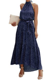 1 x RAW Customer Returns Awemeal Women s Summer Dress Long Floral Pattern Boho Dress Sleeveless Halterneck Beach Dress Ruffle Maxi Dress with Belt M, 259 Dark Blue  - RRP €45.99