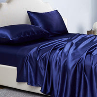 1 x RAW Customer Returns Jemiipee Satin Double Bed Sheet Set Solid Color 200x200x36 cm - Double Fitted Bottom Sheet, Top Sheet, 2 Pillowcases - 4 Piece Satin Bedding - Navy Blue - RRP €52.99