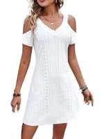 1 x RAW Customer Returns Jiraewh Women s Plain Eyelet Shoulderless Short Sleeve Lace V-Neck Summer Dress Mini Dress for Holiday and Leisure M, White  - RRP €25.2