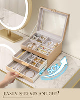 1 x Brand New SOLEDI 2024 Newest Styles Jewelry Box for Women with 3 Levels, Jewelry Storage with Glass Lid, Large Jewelry Box with 2 Drawers, Modern, Perfect Jewelry Box as Gifts for Women, Jewelry Box - RRP €43.98