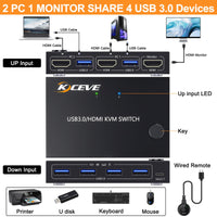 1 x RAW Customer Returns YOUTINGHDAV KVM Switch 2 PC 1 Monitor, USB 3.0 HDMI KVM Switch 2 port, KVM Switch 4K 60Hz EDID Emulator, USB HDMI Switch 2 PC Share 4 USB 3.0 Devices Mouse Keyboard, with Wired Remote and 3 Cables - RRP €43.57