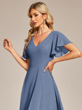 1 x RAW Customer Returns Ever-Pretty Bridesmaid Dress Short Sleeves A-Line Chiffon V-Neck Empire Style Chiffon Elegant Dress Women Ceremony Denim Blue 46 - RRP €71.99