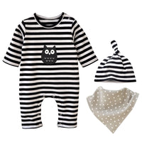 1 x Brand New Vine Newborn Baby 3 Pcs Romper Cotton Long Sleeve Baby Outfits Unisex Toddler Stripe Jumpsuits with Hat Bib Black - RRP €18.14