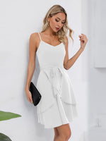 1 x RAW Customer Returns Missufe Casual Dress Summer Dress Tie Short Dresses Women Swing Spaghetti Straps Ruffle Mini Dress White, Medium  - RRP €47.99