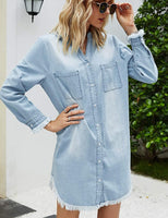 1 x RAW Customer Returns Zilcremo women s V-neck blouse dress denim dresses long sleeve button down shirt dress tunic dresses top light blue L - RRP €39.99