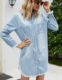 1 x RAW Customer Returns Zilcremo women s V-neck blouse dress denim dresses long sleeve button down shirt dress tunic dresses top light blue L - RRP €39.99