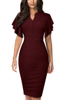 1 x RAW Customer Returns HOMEYEE Women s Elegant V-Neck Ruffle Sleeve Stretch Party Dress B572 M, Dark Red  - RRP €36.99