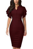 1 x RAW Customer Returns HOMEYEE Women s Elegant V-Neck with Ruffle Sleeve Stretch Party Dress B572 L, Dark Red  - RRP €37.99