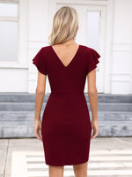 1 x RAW Customer Returns Missufe Party Dress Tight Elegant Figure-hugging Cocktail Dress Women s Mini Dress Bodycon Wedding Ruffle Dress Wine Red, S  - RRP €41.99