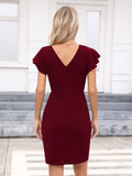 1 x RAW Customer Returns Missufe Party Dress Tight Elegant Figure-hugging Cocktail Dress Women s Mini Dress Bodycon Wedding Ruffle Dress Wine Red, S  - RRP €41.99