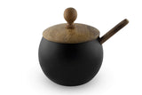 1 x RAW Customer Returns GoCraft Sugar Bowl with Wooden Lid and Spoon for Home and Kitchen, Drum Shape Matte Black Finish  - RRP €19.79