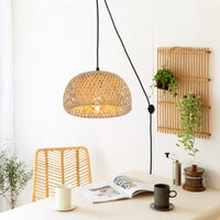 1 x RAW Customer Returns Handwoven bamboo lamp pendant light for dining table, rattan ceiling hanging lamp basket lamp with plug, vintage chandelier ceiling light decoration for living room kitchen island restaurant semicircle lampshade  - RRP €49.99