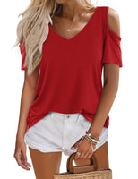 1 x RAW Customer Returns BeLuring Women s Off Shoulder Shirt Deep V Neck Short Sleeve Elegant Top Red XL - RRP €23.99