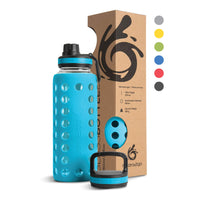 1 x RAW Customer Returns hydro2go glass drinking bottle with silicone cover 950 ml - dishwasher safe 2 interchangeable lids 100 leak-proof BPA-free - glass bottle for smoothies, office, fitness, yoga, sport outdoor - RRP €33.23