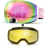 1 x RAW Customer Returns Odoland ski goggles unisex for men and women, boys, frameless snowboard goggles with magnetic interchangeable lenses, UV protection, anti-fog snow goggles, helmet-compatible ski goggles for skiing, white, pink-purple - RRP €41.14