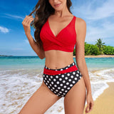 1 x RAW Customer Returns Baynetin Women s Two-Piece Swimsuit V-Neck High Waist Push Up Padded Floral Print Sports Bra Bikini Set Red Black Dots, XL  - RRP €25.99