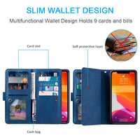 1 x RAW Customer Returns UEEBAI Case for iPhone 15 Pro Max 6.7 inch, Vintage Zipper Mobile Phone Case PU Leather Flip Case Silicone Bumper with 9 Card Slots Stand Function Purse Lanyard Protective Wallet Case - Blue - RRP €16.13