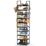 1 x RAW Customer Returns FINEW shoe rack with 10 levels, shoe stand narrow shoe racks made of metal, 20-24 pairs of shoes storage, shoe cabinet shoe storage with hooks for living room, dressing room and hallway - black - RRP €29.23